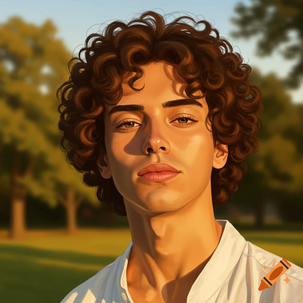 A stylized digital painting of a young man with curly brown hair looking at the viewer. Sunlight illuminates his face, creating shadows.