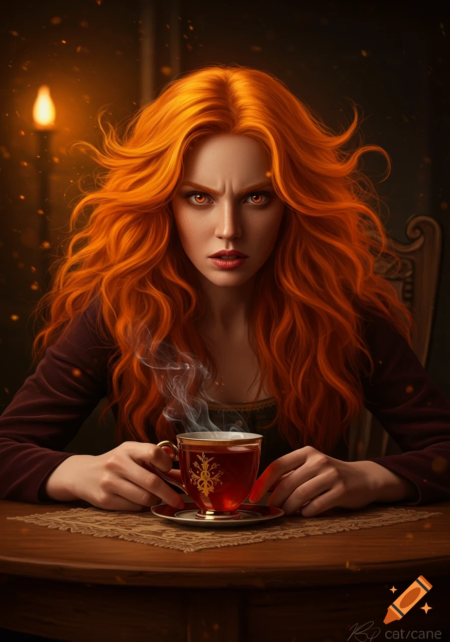 A photorealistic portrait of an angry redheaded woman with glowing eyes, holding a steaming teacup at a dark wooden table.