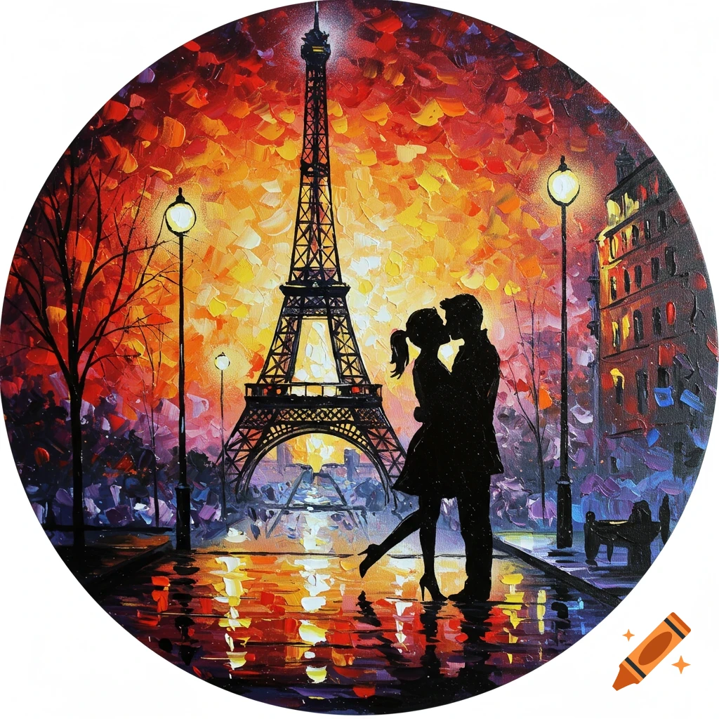 A vibrant, impasto-style painting of a silhouetted couple kissing under the Eiffel Tower at sunset in Paris.