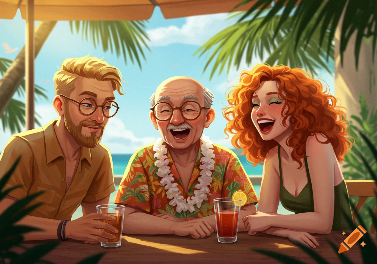 Three people, including an old man in a Hawaiian shirt, laughing while having drinks at a tropical outdoor bar, in an illustration style.