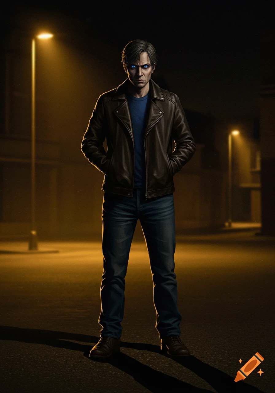 A digitally illustrated man with glowing blue eyes, wearing a brown leather jacket and jeans, stands in a dark alley illuminated by streetlights.