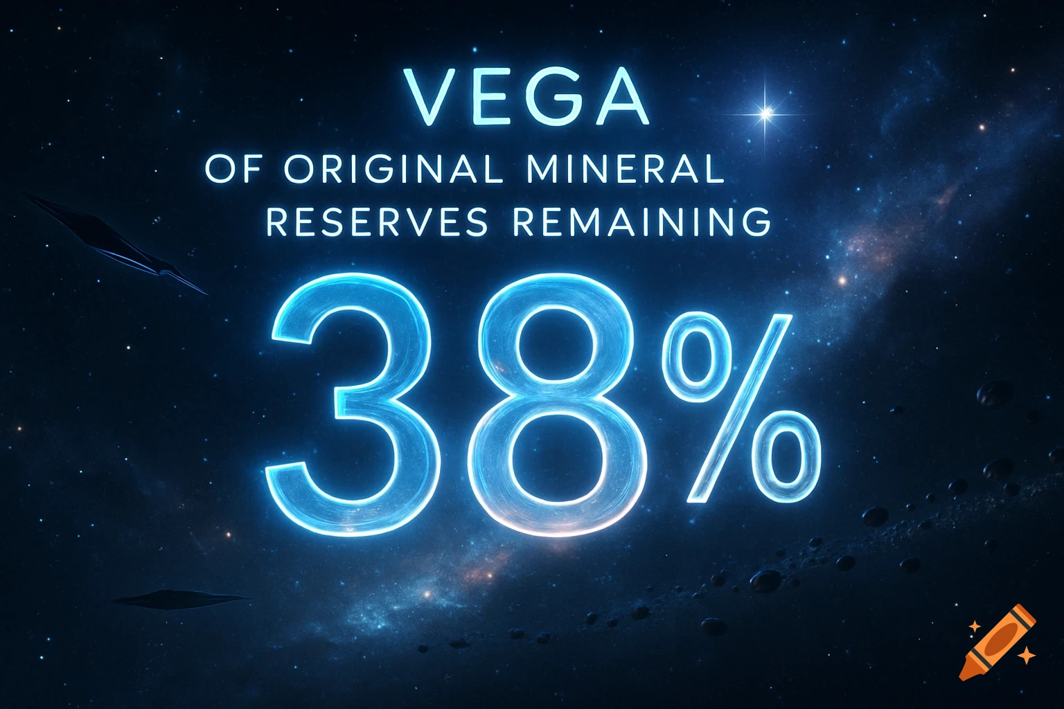 A deep space scene with a starfield and nebula, featuring large glowing blue text that reads "VEGA OF ORIGINAL MINERAL RESERVES REMAINING" and a prominent "38%" below it.
