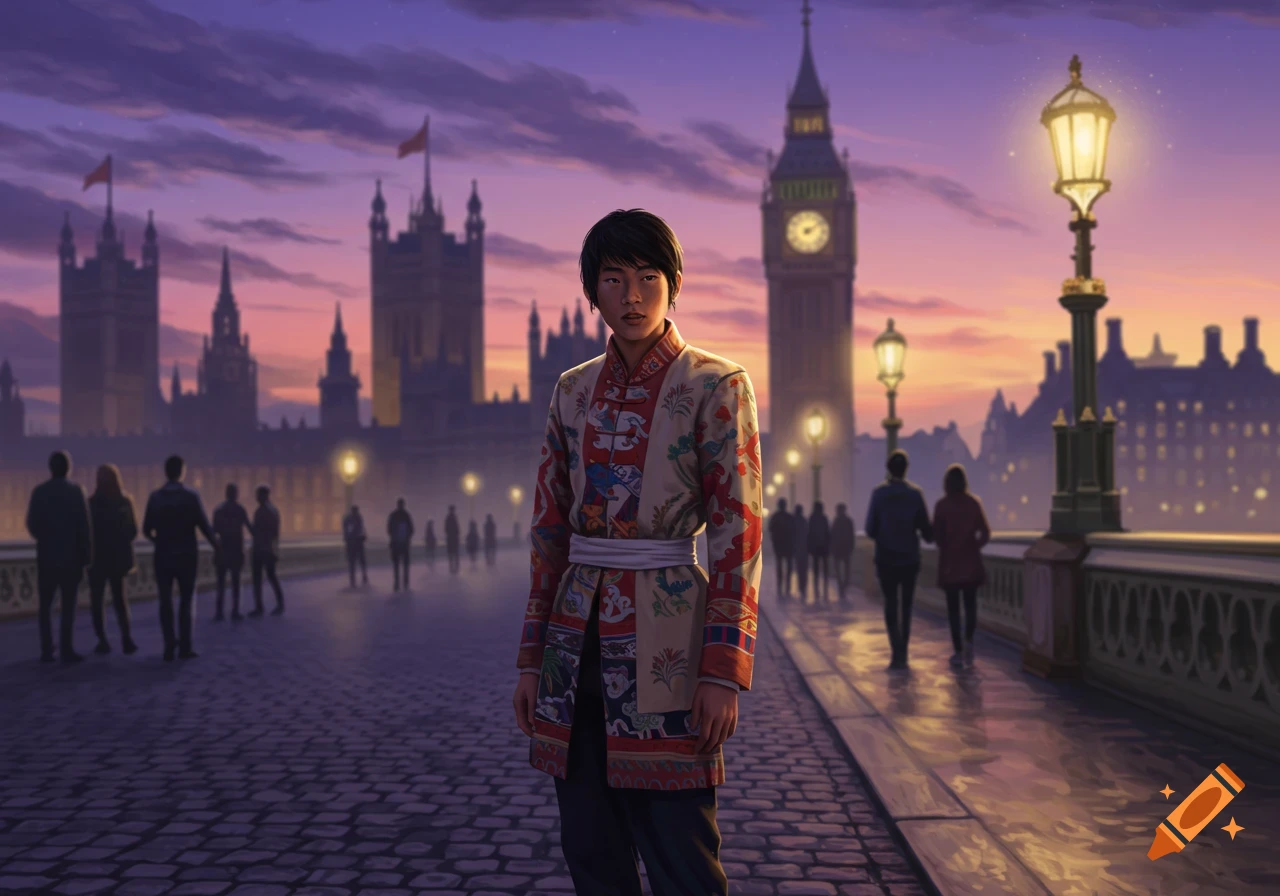 A digitally painted Asian man in a patterned coat stands on Westminster Bridge in London at sunset, with Big Ben and the Houses of Parliament in the background.