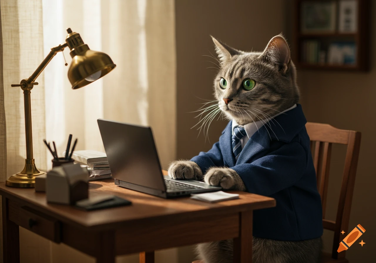 A grey tabby cat in a blue business suit and tie sits at a wooden desk, typing on a laptop, with a brass lamp.