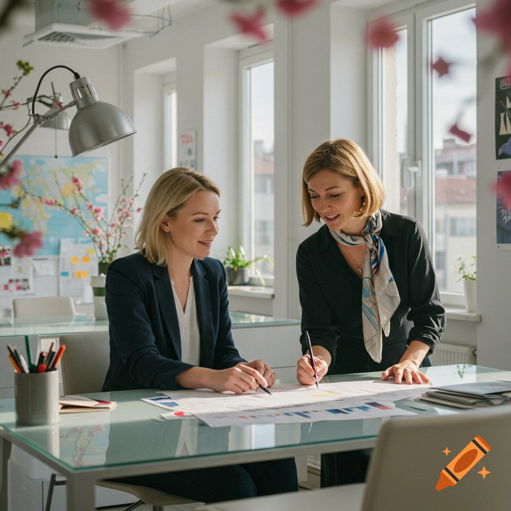 Two women collaborating on documents at a glass desk in a bright, modern office.