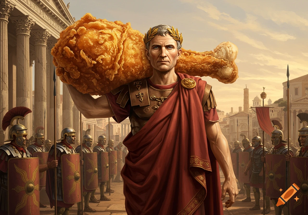 Julius Caesar carries a giant fried chicken drumstick on his shoulder, leading Roman soldiers in a photorealistic ancient city.