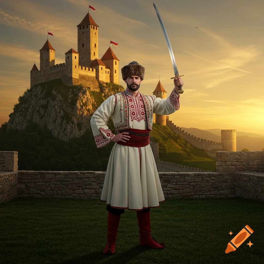 A man in traditional Serbian attire holds a sword aloft, standing on grass in front of a grand castle at sunset, photorealistic.
