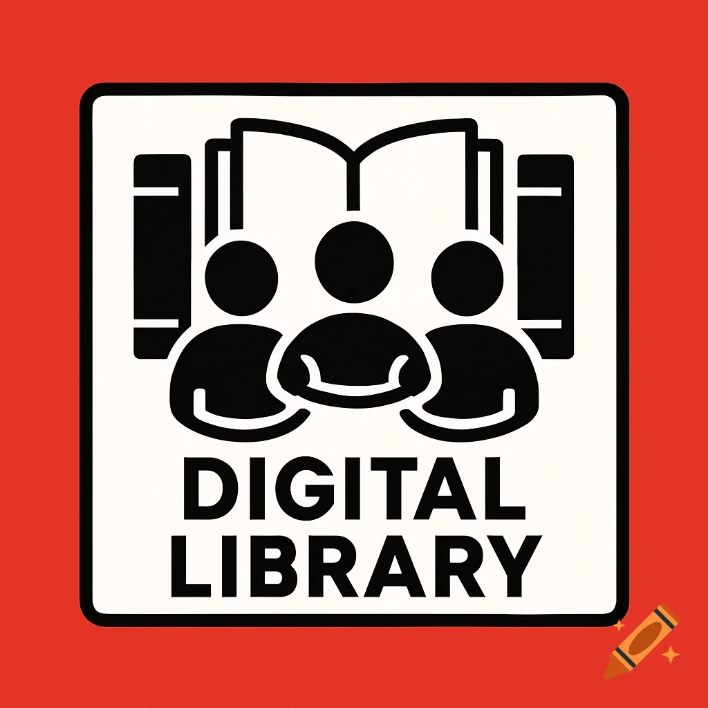 Black and white digital library logo featuring an open book, three stylized people, and bookshelves, all on a red background.