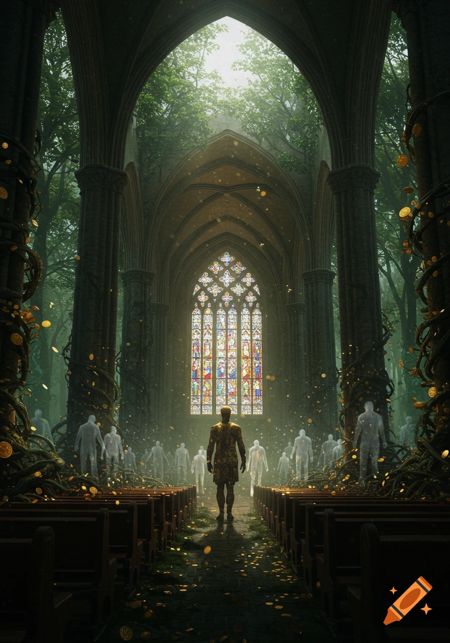 A lone figure walks through an overgrown gothic church in a forest, surrounded by ghostly figures and falling gold coins, bathed in light from a stained-glass window.