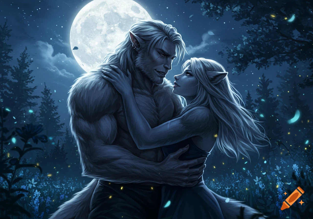 A fantasy digital painting of a werewolf couple embracing under a large full moon in a magical, blue-toned forest at night.