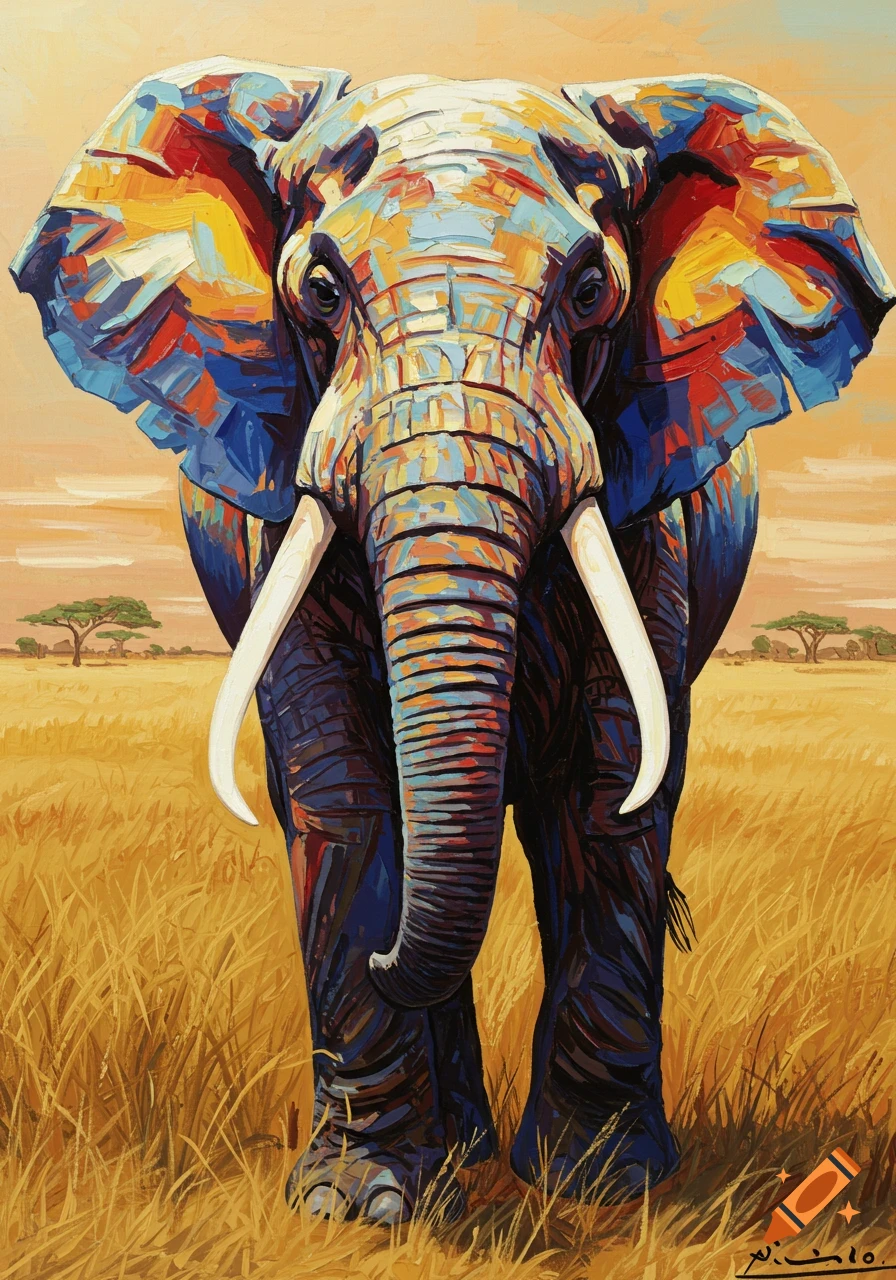 Colorful painting of an African elephant in the savanna, in a vibrant abstract style reminiscent of Pablo Picasso.