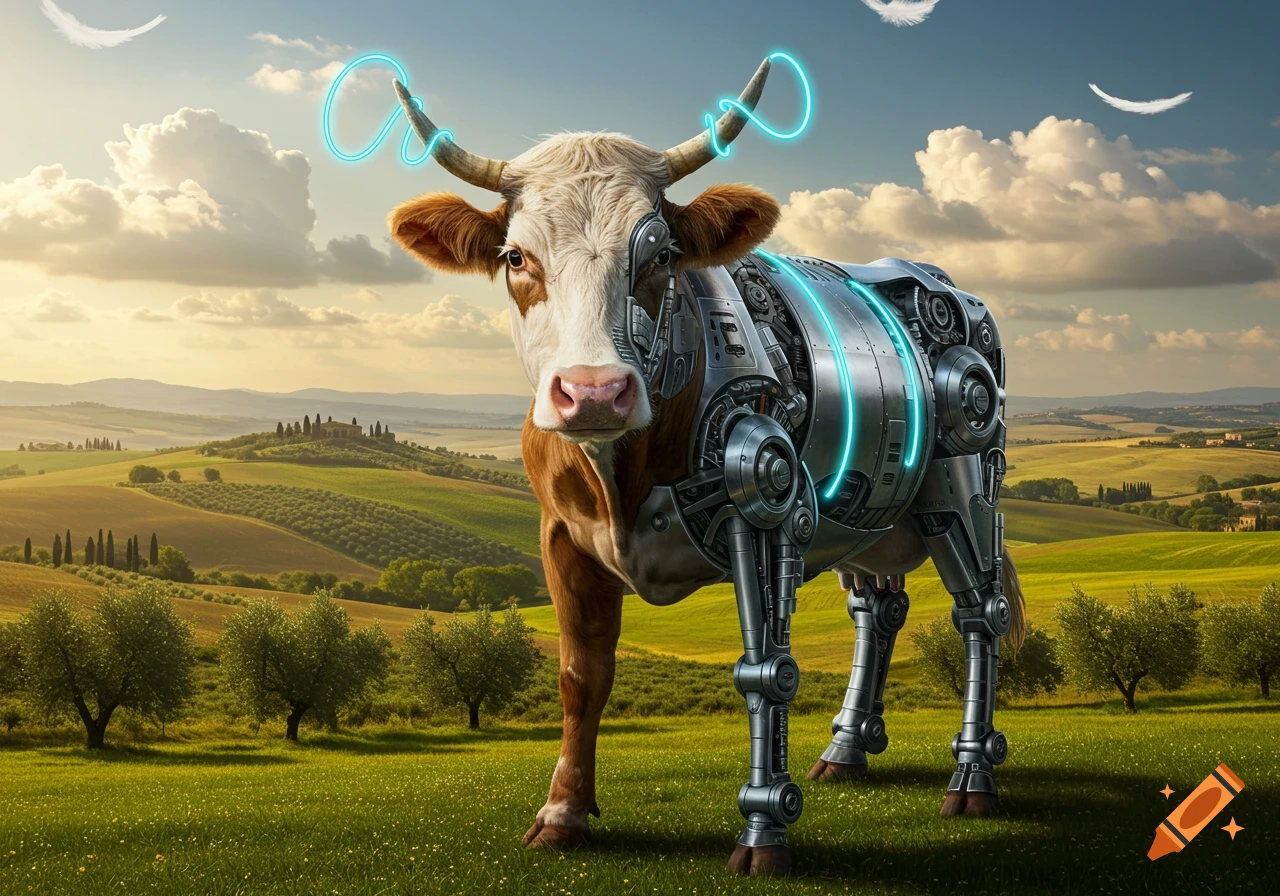 A photorealistic image of a half cow, half robot with glowing blue lines, standing in a lush green Italian countryside.