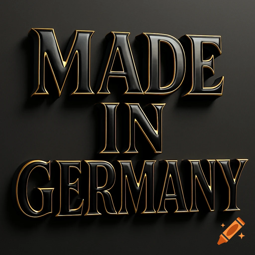Photorealistic 3D rendering of the text 'MADE IN GERMANY' in elegant black and gold lettering on a dark background.
