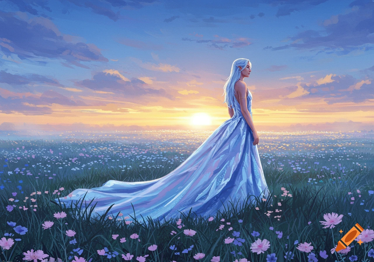 A woman in a flowing ice blue and lavender dress stands in a field of wildflowers at sunset in a fantasy art style.