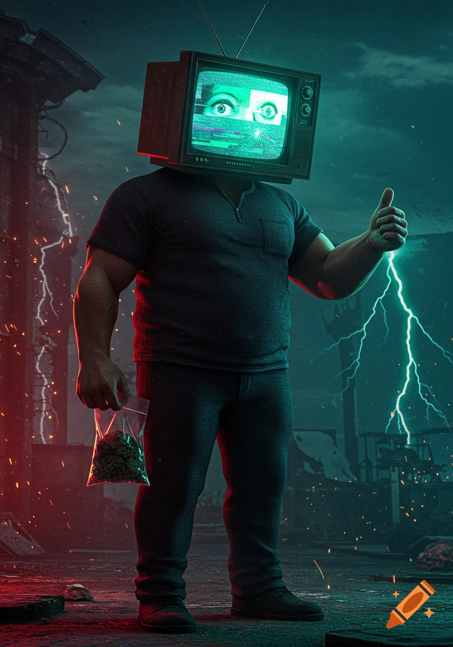 A man with a vintage TV head showing static and flickering eyes, holding a bag of weed, giving a thumbs up. Lightning strikes in the dark, moody background.