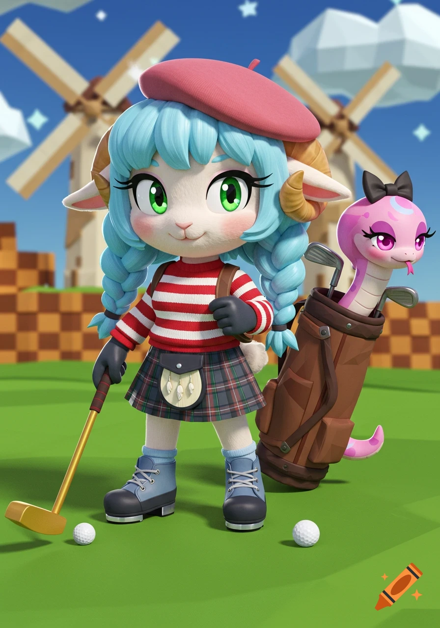 A chibi lamb in a kilt and beret holds a golf putter, a pink snake emerges from a golf bag on a low-poly course.