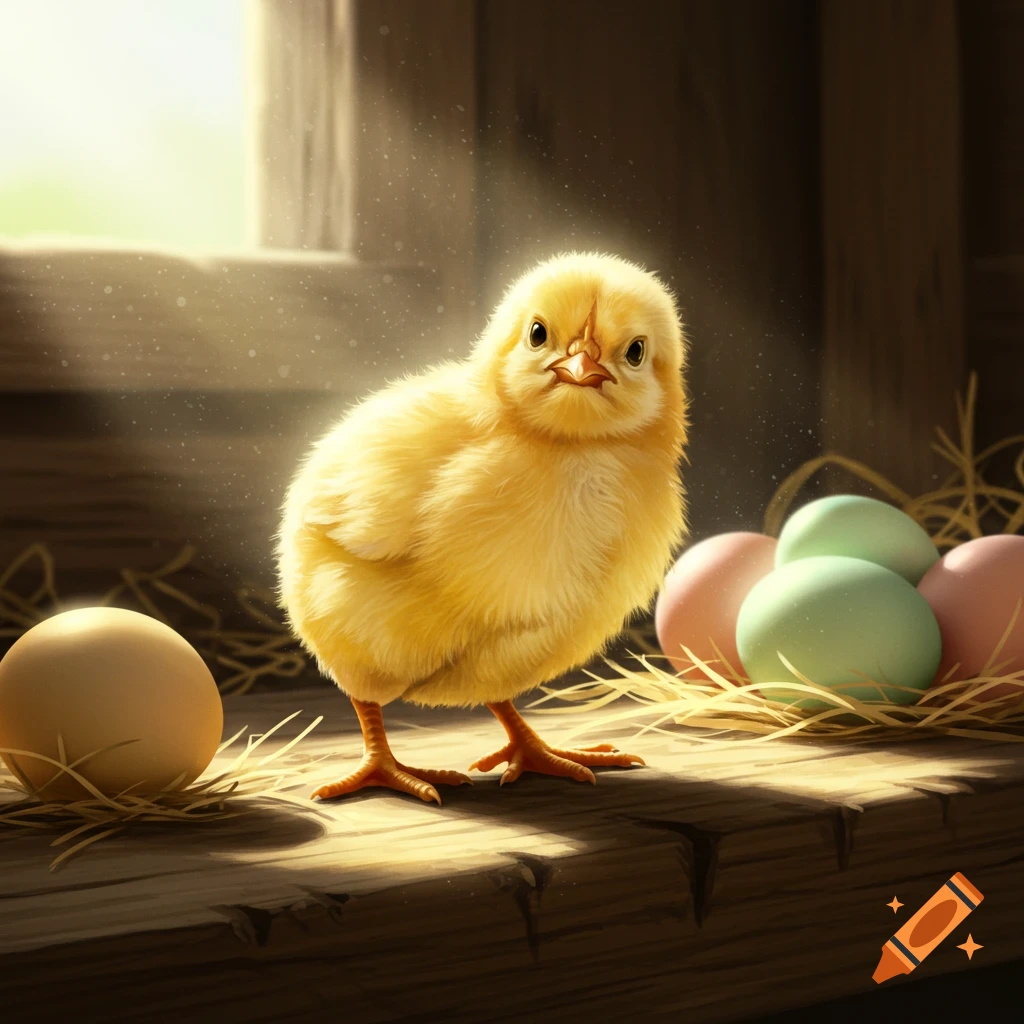 A fluffy yellow chick stands on a wooden surface next to colorful eggs, bathed in sunlight from a window, photorealistic.
