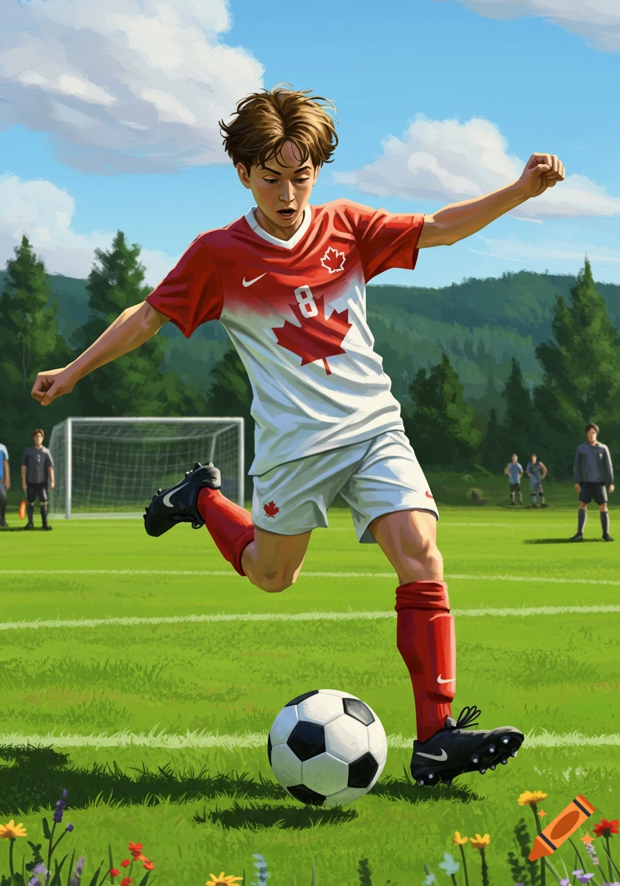 An illustrative depiction of a young male soccer player in a Canadian jersey kicking a ball on a green field.