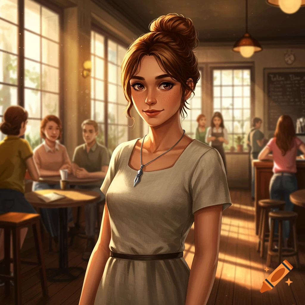 A young woman with auburn hair in a bun, wearing a linen dress and a quill pendant, smiles in a sunlit cafe.