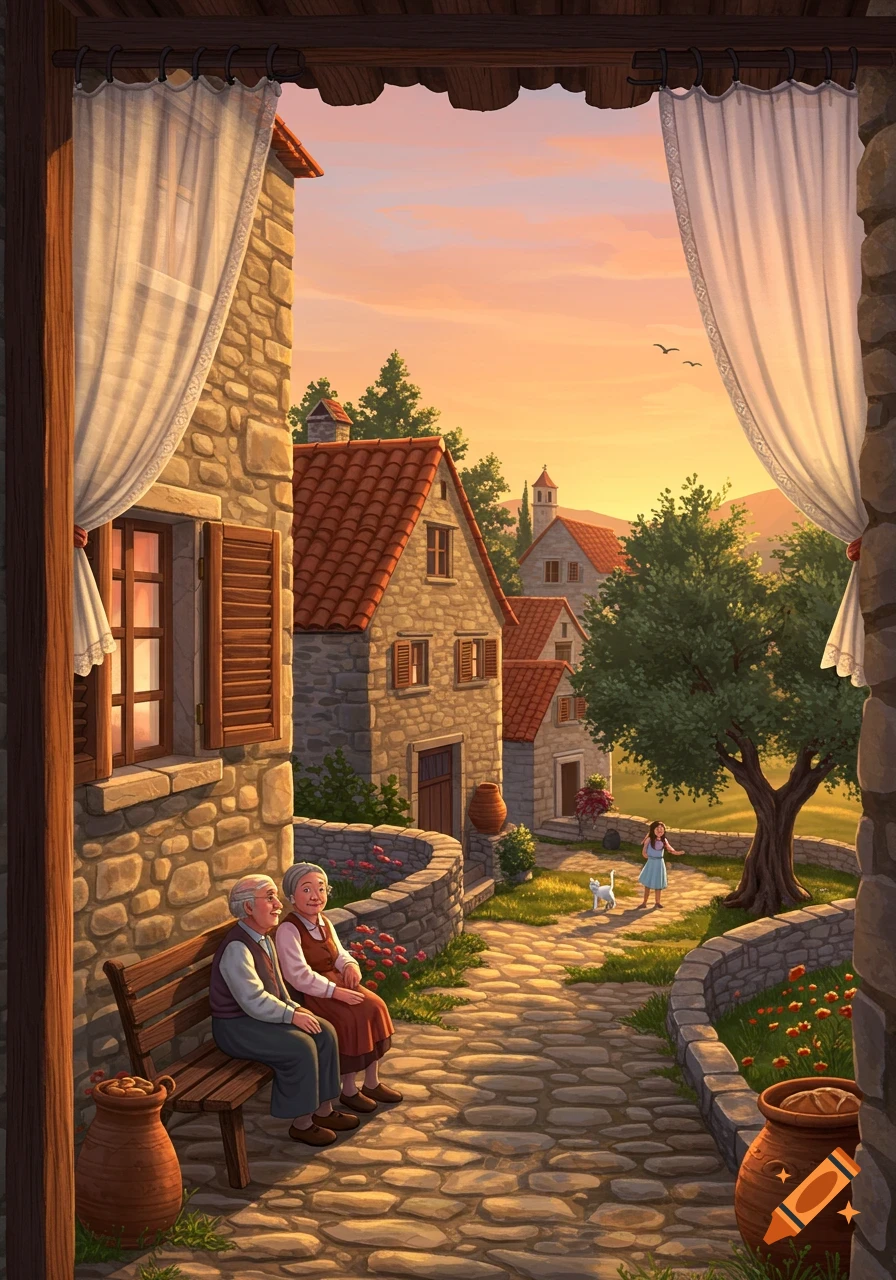 Illustrated village scene at sunset with stone houses, an elderly couple on a bench, a girl chasing a white cat, and olive trees.