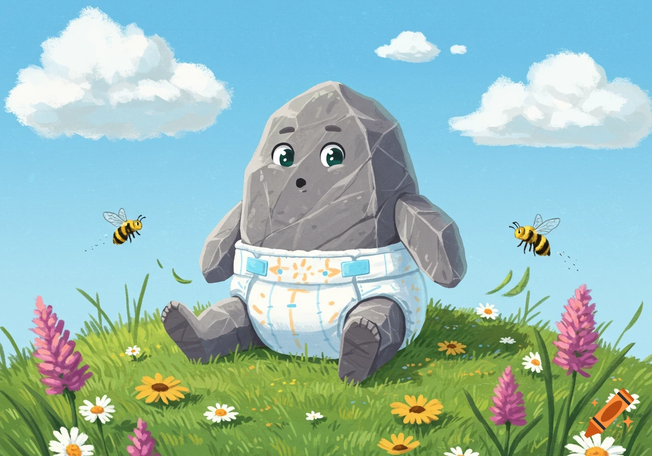 A cute cartoon rock wearing a diaper sits in a grassy field with flowers and flying bees under a blue sky.