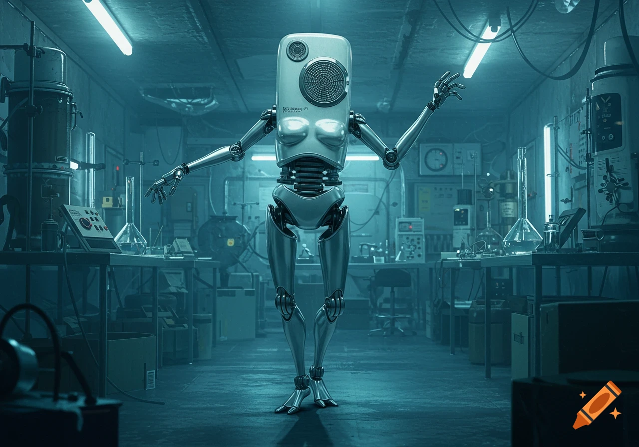 A humanoid chrome robot with a rectangular head featuring a speaker and camera stands in a neon-lit, futuristic laboratory.