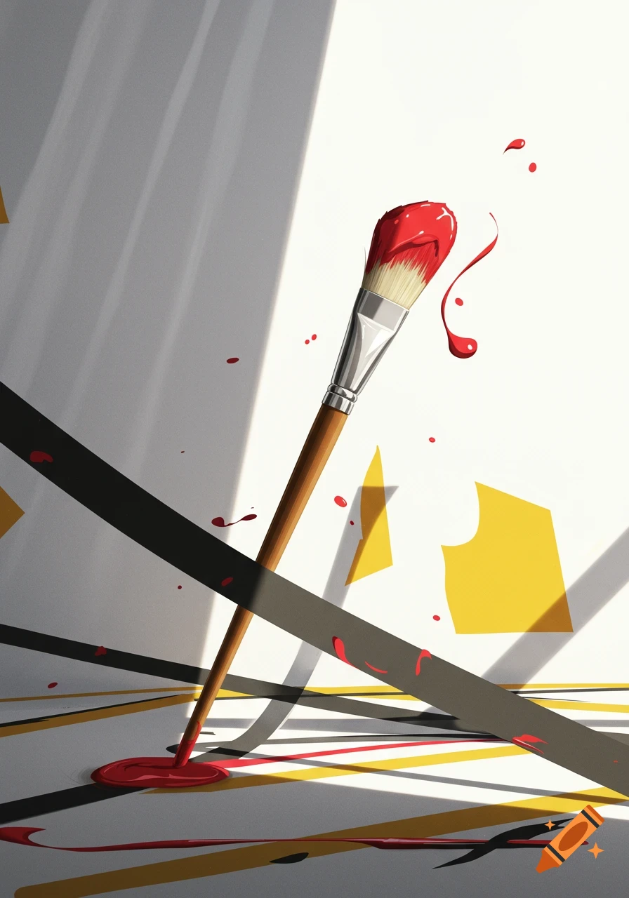 A graphic illustration of a paintbrush covered in red paint, with splashes and geometric shapes on a white background.