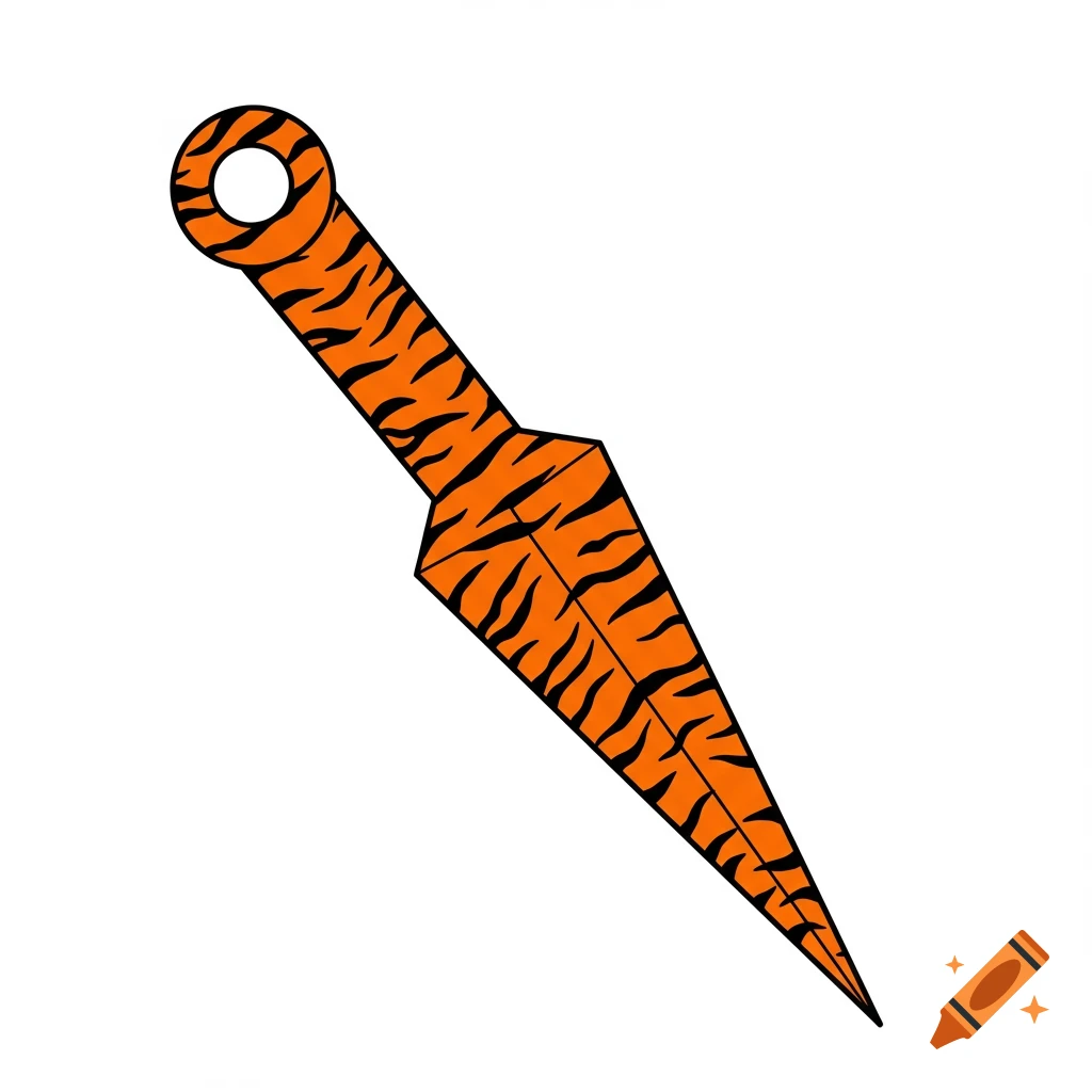 A flat 2D illustration of a kunai knife with a black and orange Amur tiger print on a white background.