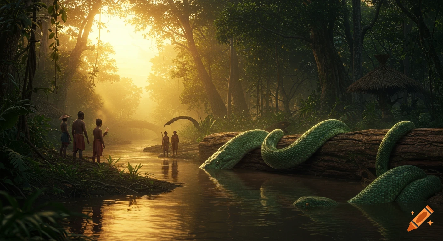 Photorealistic jungle sunset with villagers by a river, observing a giant green snake partially submerged like a log.
