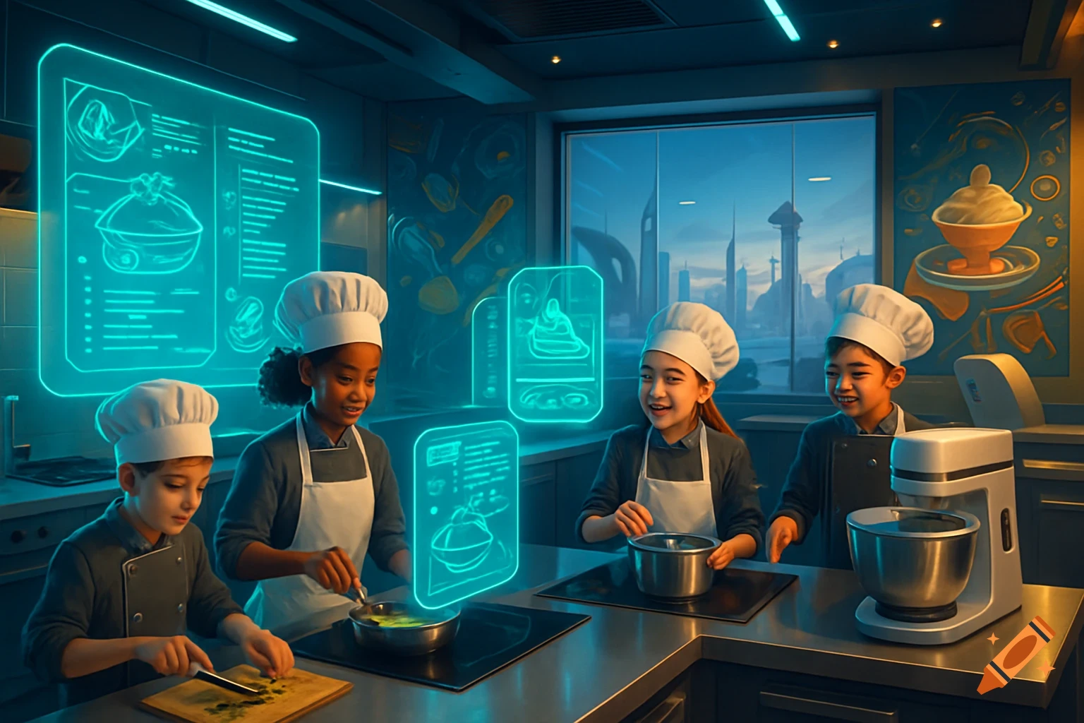 Four children in chef hats cook in a glowing futuristic kitchen, with holographic screens displaying abstract instructions and a cityscape outside.