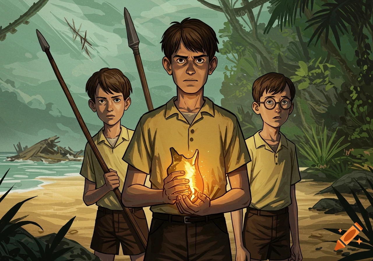 Graphic novel illustration of three boys on a tropical beach and jungle; one holds a glowing object, another a spear.