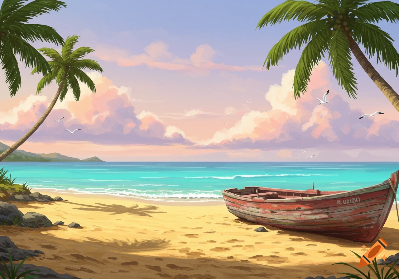 Vibrant illustration of a serene tropical beach with palm trees, an old wooden boat on the sand, and clear blue ocean water under a cloudy sky.