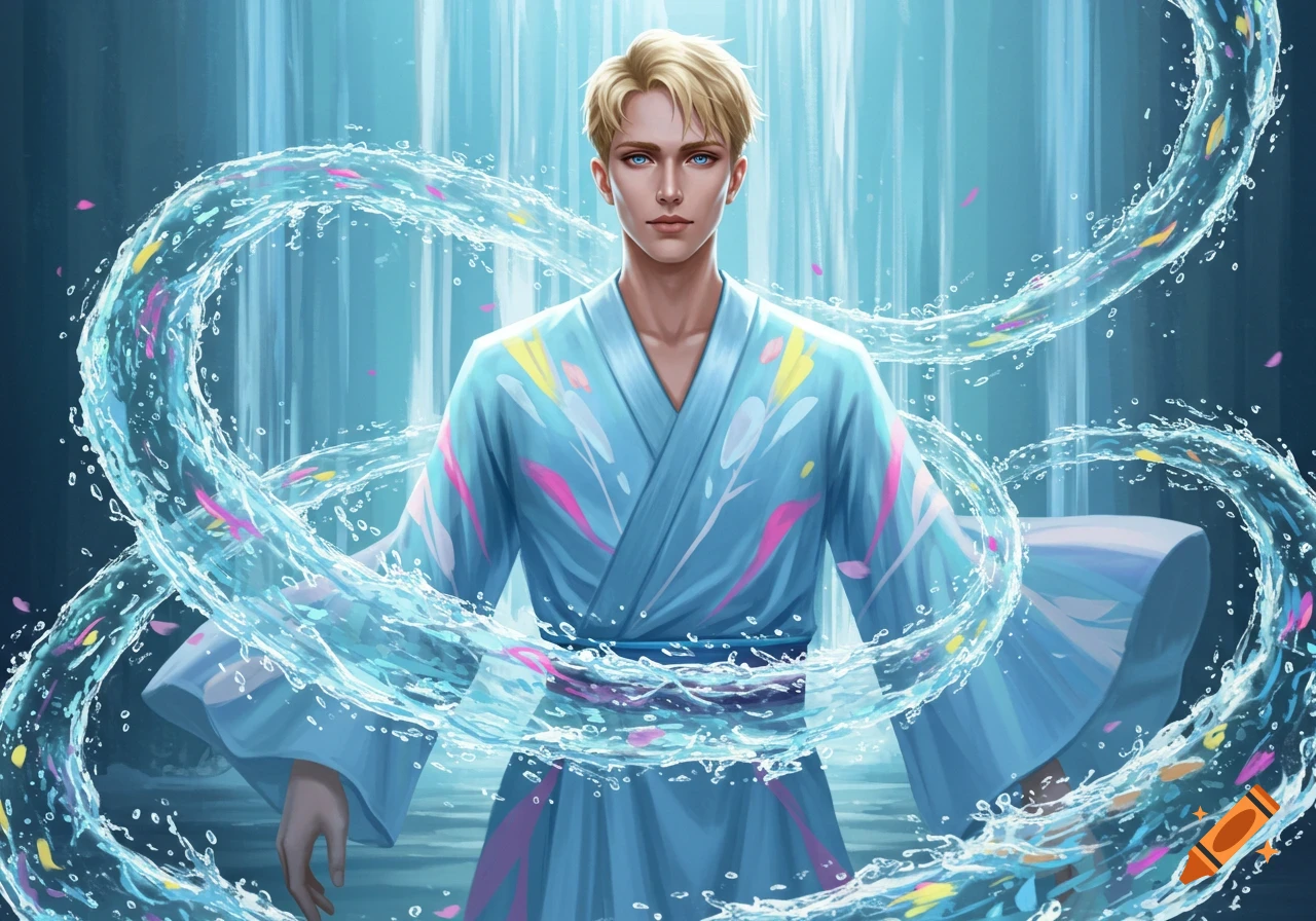 A blond man in a light blue kimono stands before a waterfall, surrounded by swirling water with colorful petals, in an anime art style.