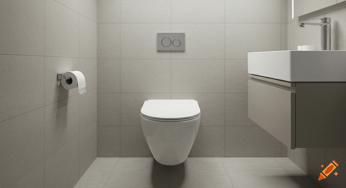 A modern, minimalistic bathroom with light grey tiled walls, a white wall-mounted toilet, and a sleek sink with a faucet.