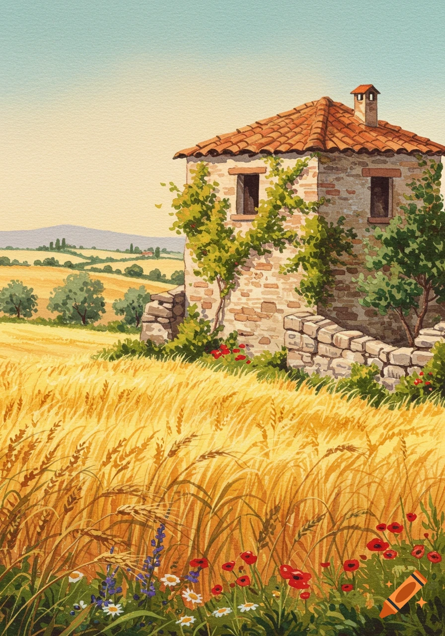 Watercolor painting of a stone house with a red tile roof in a golden wheat field with wildflowers.