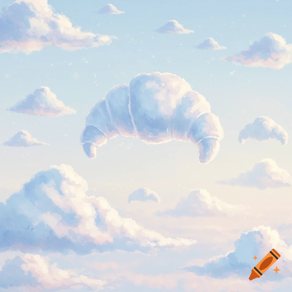 Pastel watercolor painting of croissant-shaped clouds floating in a light blue sky.