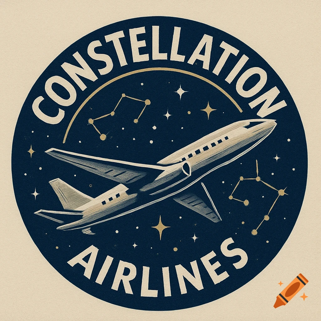 A circular retro logo for Constellation Airlines with an airplane, stars, and constellations on a dark blue background.