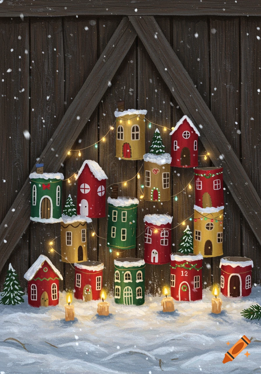 Illustrated advent calendar made of colorful toilet paper roll houses, adorned with string lights, snow, and candles, set against a snowy wooden barn door.