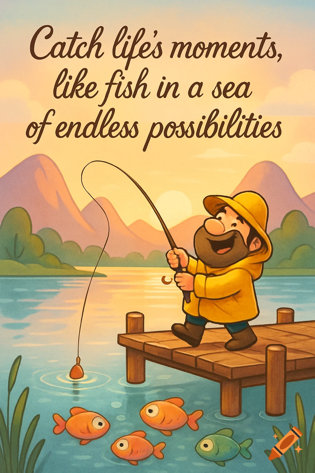 Cartoon fisherman on a pier at sunset with fish in the water and an inspirational quote.