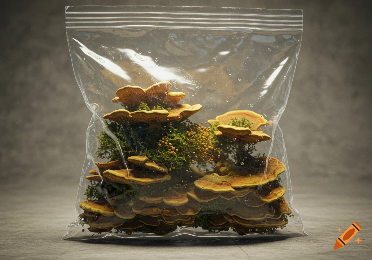 Photorealistic image of yellow and orange fungus with green moss inside a clear plastic ziploc bag with water droplets.