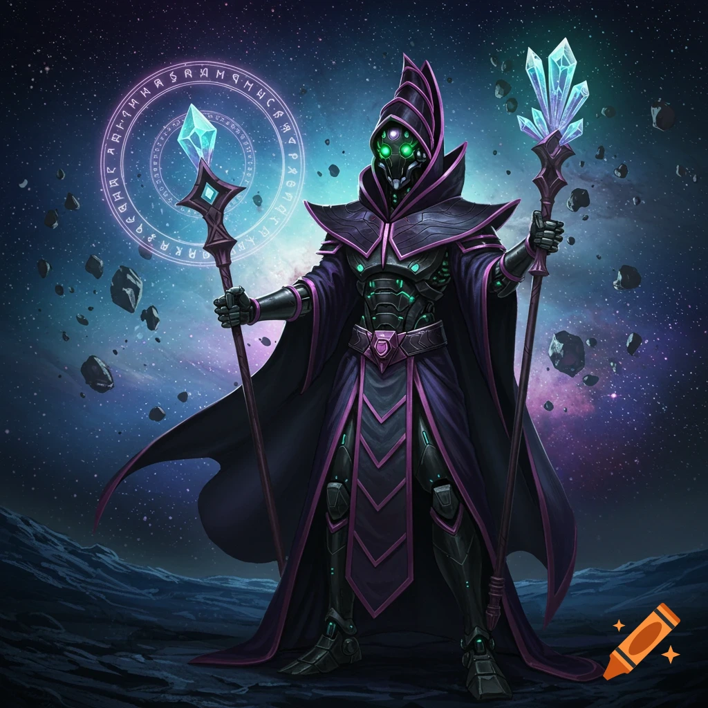 A robotic dark magician in black and purple armor and robes holds crystal staffs against a starry space background with glowing runes.