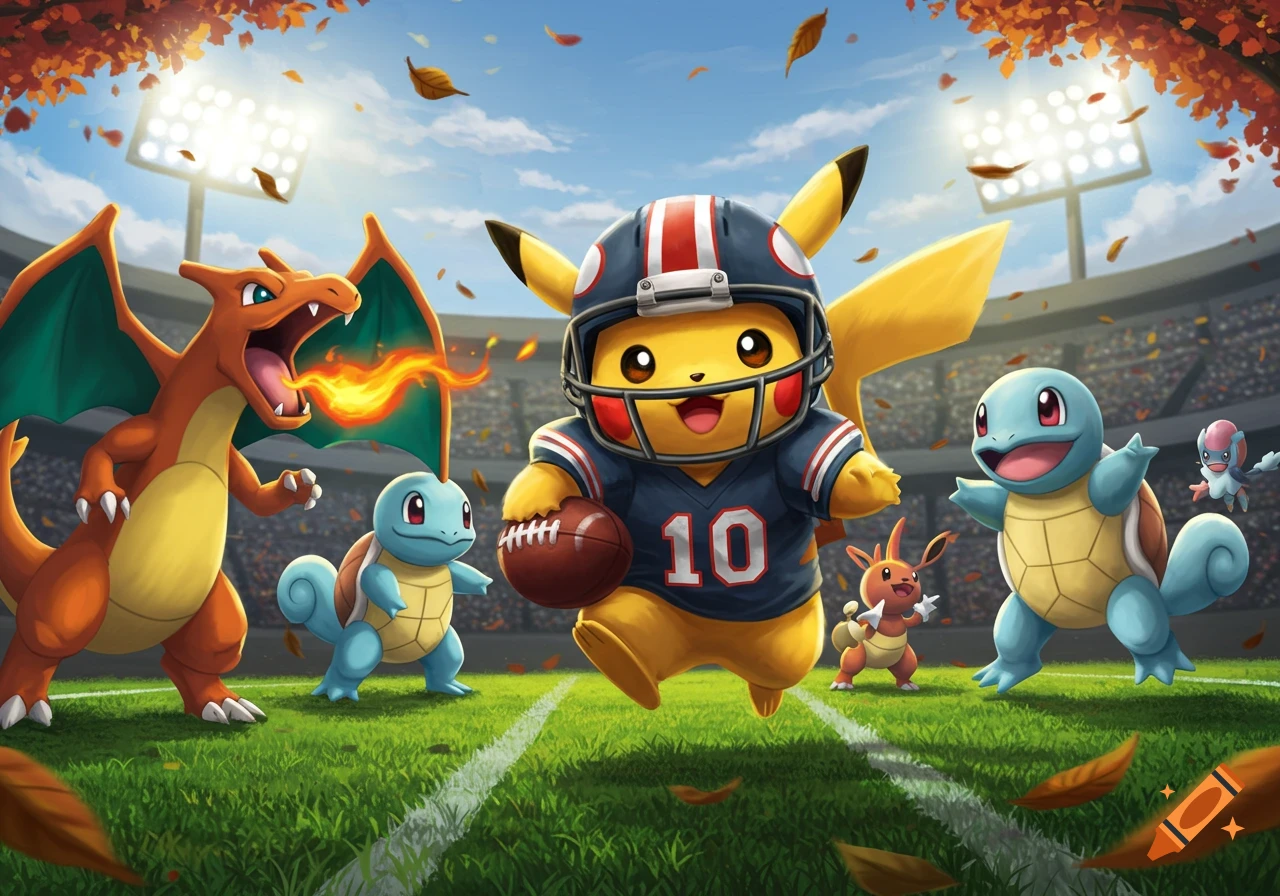 Pikachu in a football helmet and jersey runs with a football on a stadium field, with Charizard, Squirtle, and other Pokémon, and falling autumn leaves.