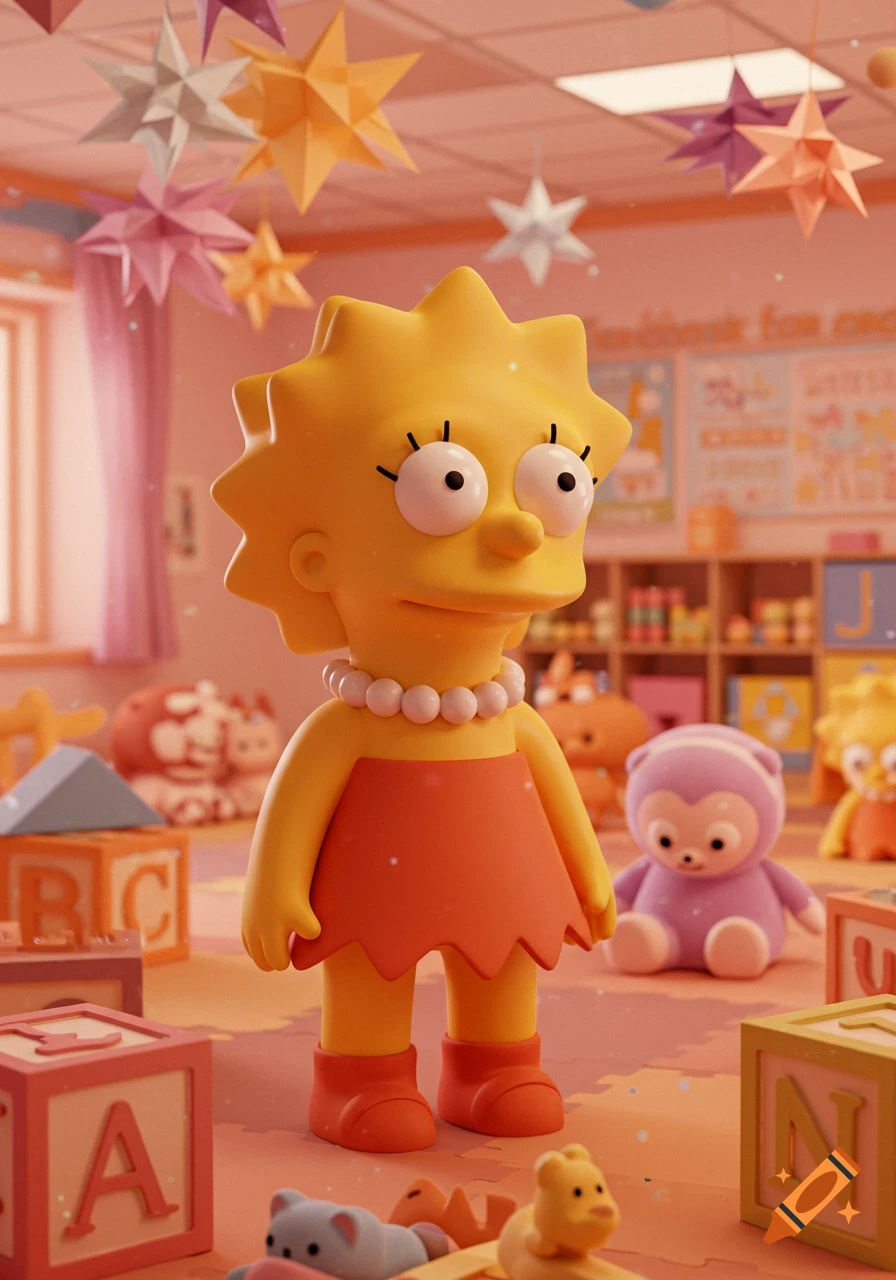 A 3D rendered cartoon character, a hybrid of Lisa Simpson with big eyes and a pearl necklace, stands in a colorful, playful kindergarten filled with building blocks and toys.