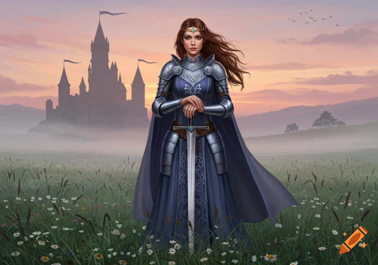 Medieval princess warrior in blue and silver armor holding a sword, standing in a field of wildflowers with a misty castle at sunset.