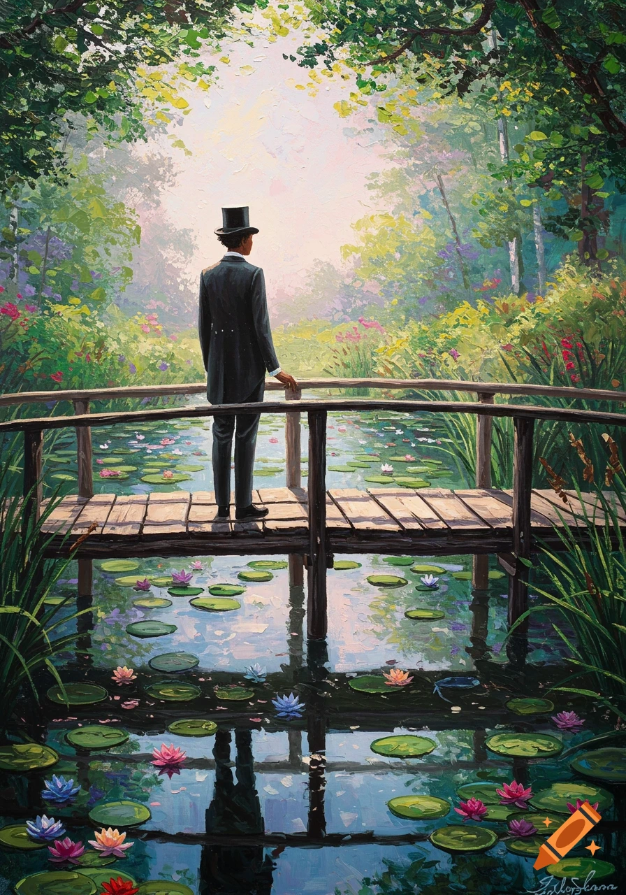 Expressionist painting of a person in a top hat and suit standing on a wooden bridge over a lily pond, surrounded by lush foliage and flowers.