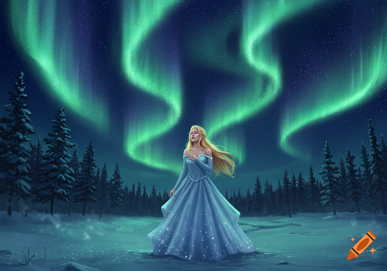 A woman with long blonde hair in a sparkling blue gown stands in a snowy forest under a vibrant green aurora borealis.