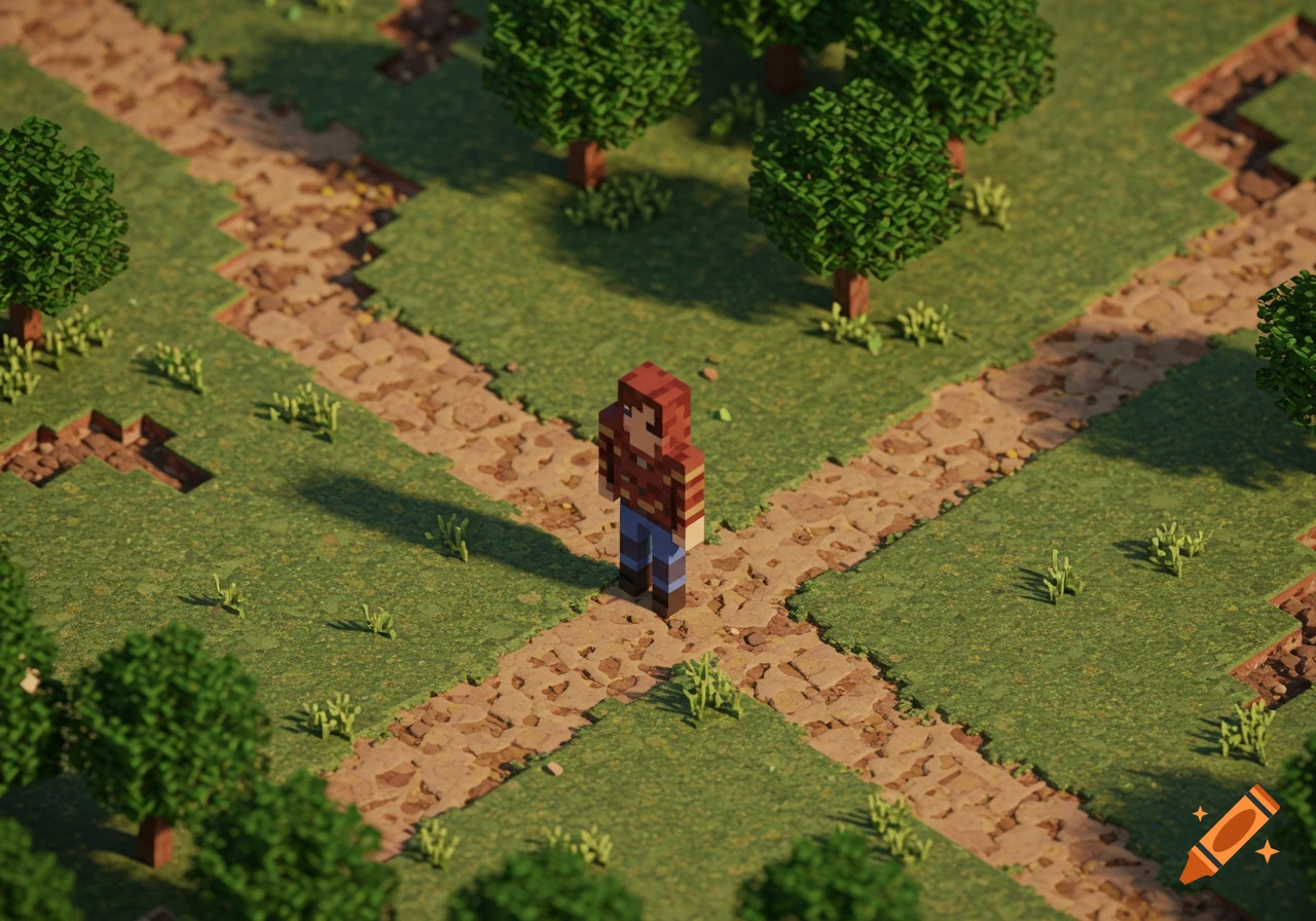 A pixel art character stands at a crossroads in a green, blocky landscape with trees, viewed from a bird's eye perspective.