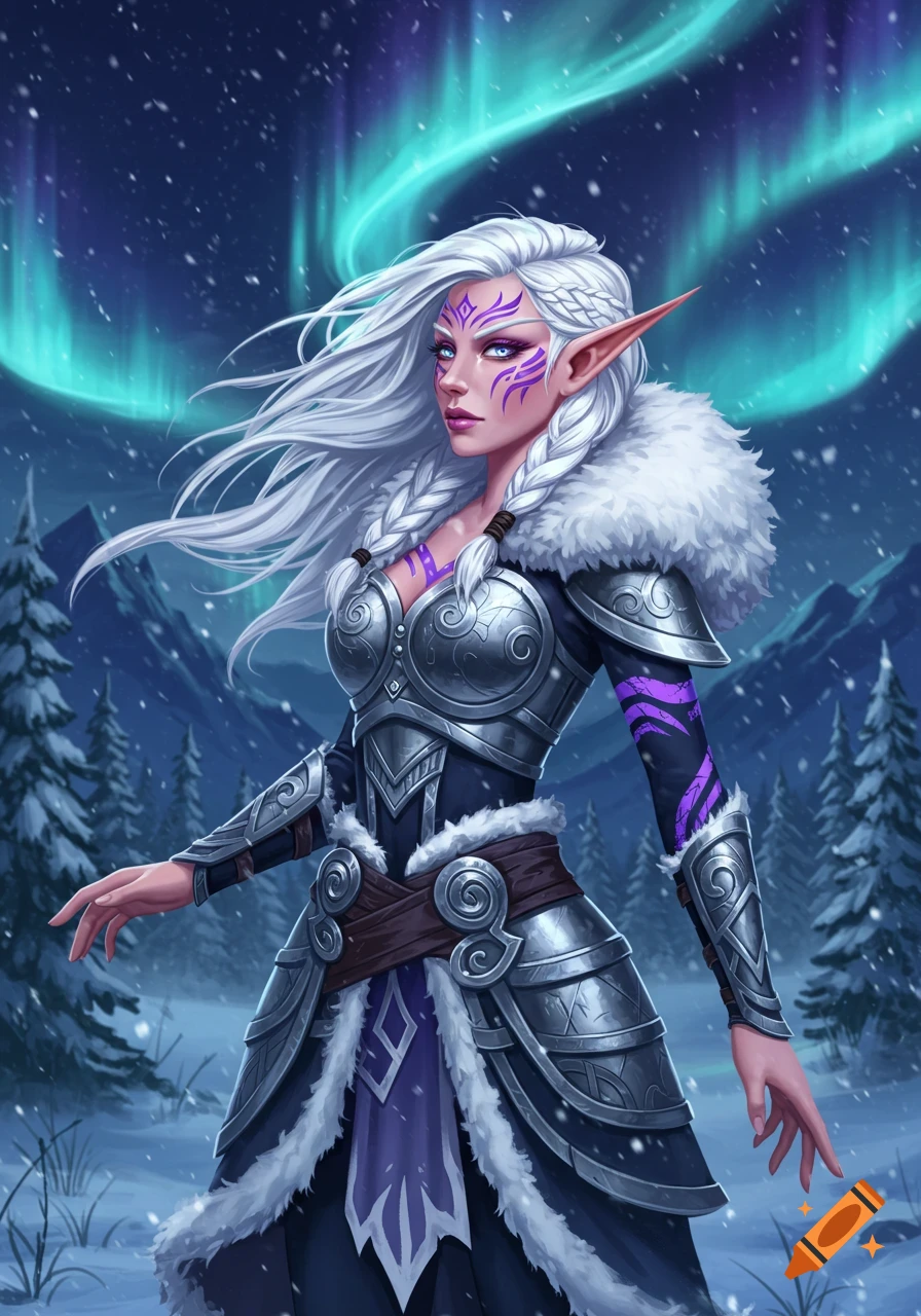 A white-haired snow elf warrior with purple tattoos and fur-trimmed armor stands in a snowy forest under the aurora borealis.