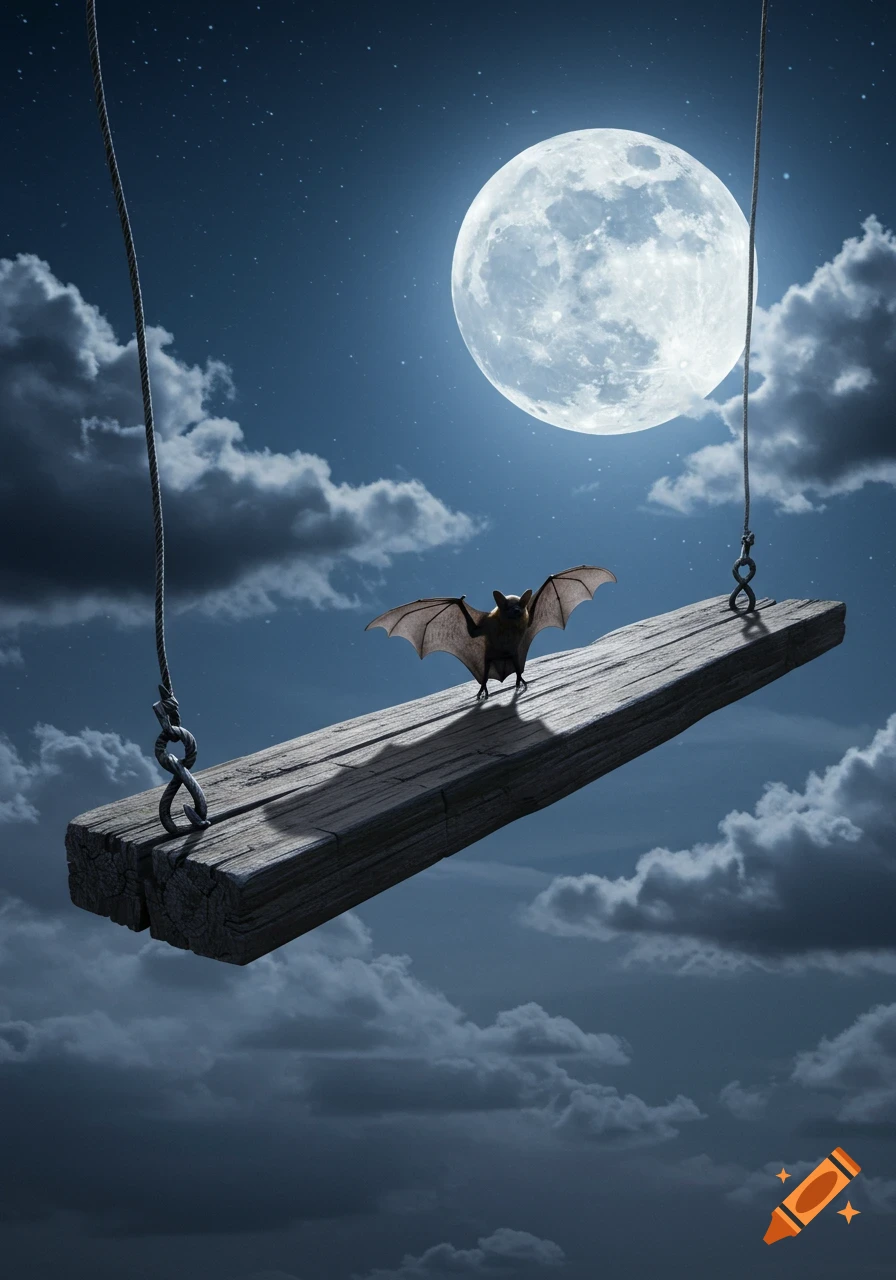 A photorealistic image of a bat standing on a wooden swing under a large full moon in a starry night sky with clouds.