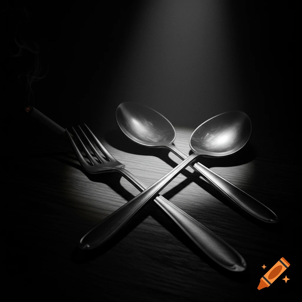 Black and white noir still life of a fork, two spoons, and a lit cigarette on a dark table, dramatically lit.